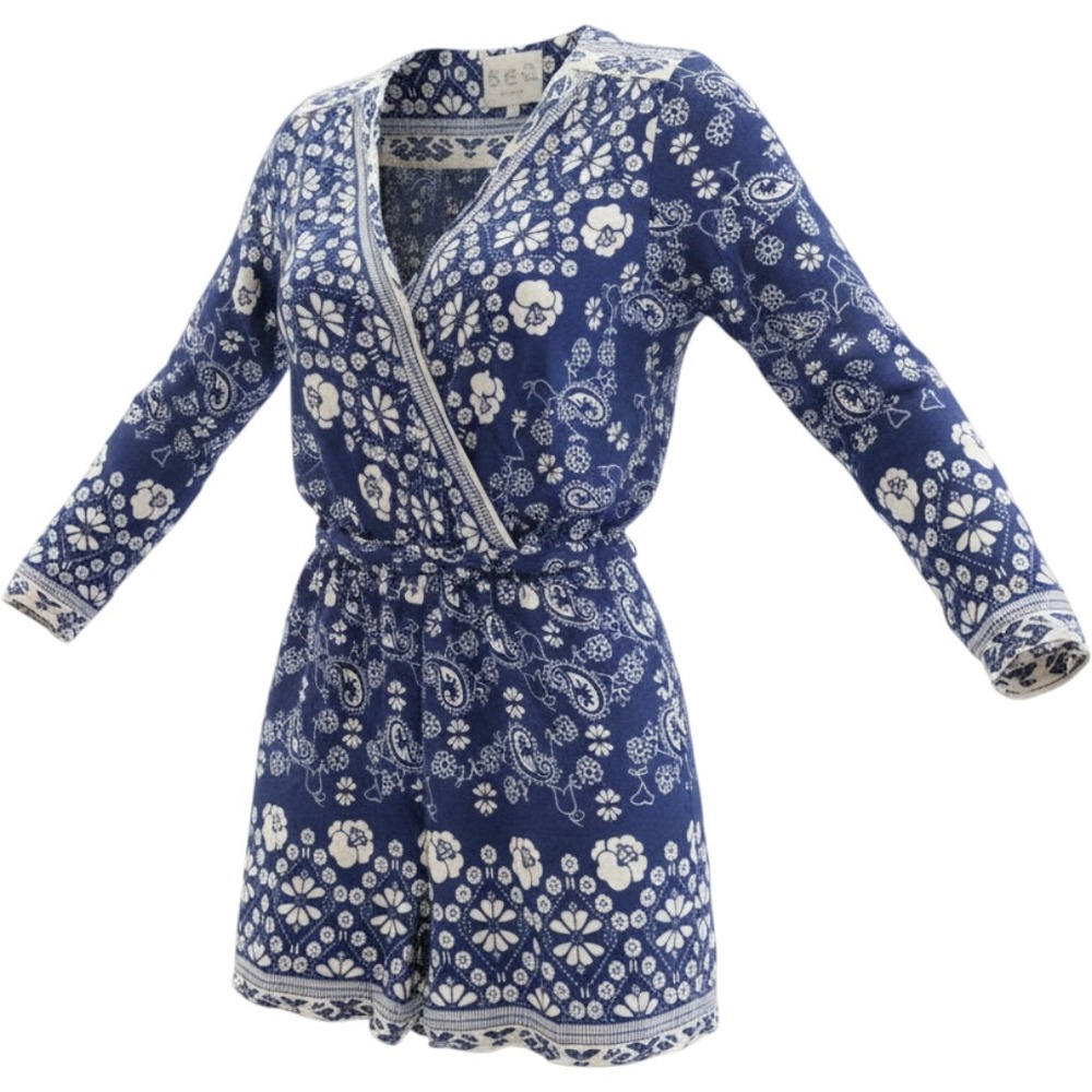 Sea New York Navy Blue Floral Paisley Long Sleeve Romper with Pockets Size 0